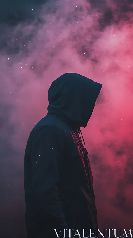 Hooded silhouette in magenta smoke with cinematic rim lighting