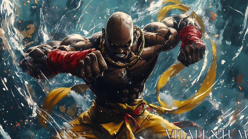 Bald martial artist striking through swirling water field.