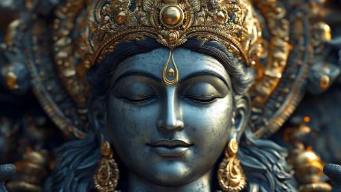 Ornate metallic deity portrait renders serene symmetrical repose