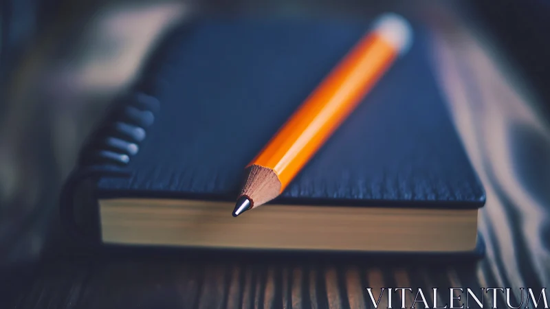 Close-up of orange pencil on closed black notebook.