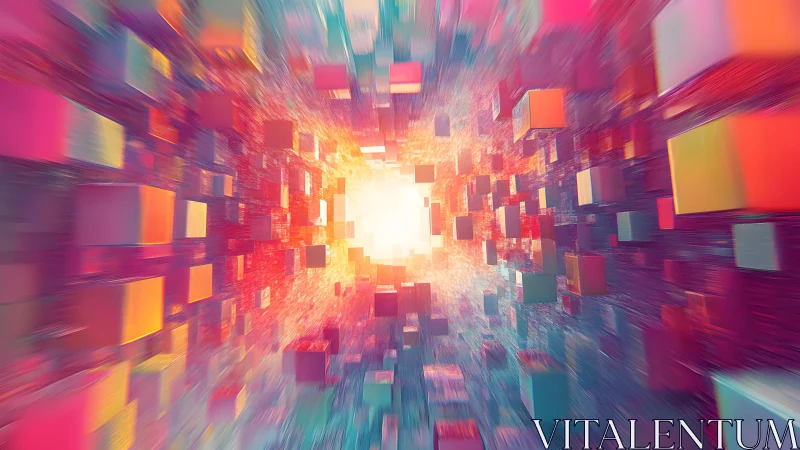 Vibrant 3D cubes in digital tunnel, abstract futuristic art style.