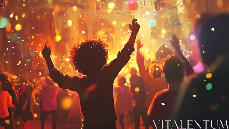 Crowd celebrates indoors under warm lights and falling confetti