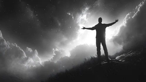 Silhouetted figure embraces a glowing cosmic sky in awe.