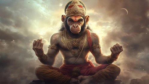 Stormlit simian deity in golden armor holding fierce calm.