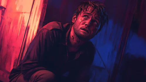 Wounded man crouches in neon shadows, bathed in fear.