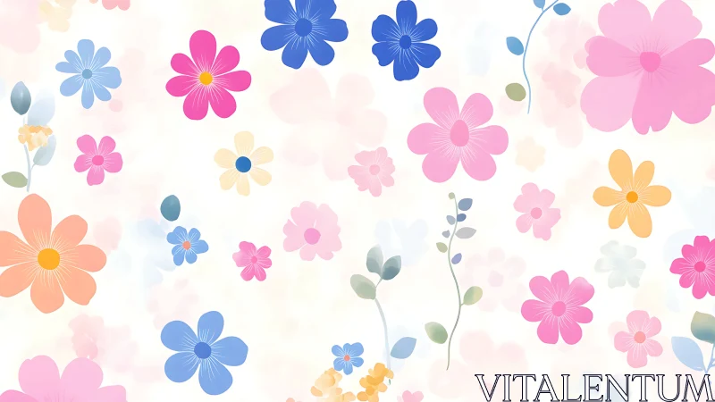 Colorful Floral Pattern with Scattered Blooms and Stems