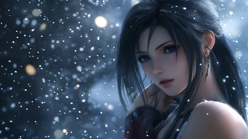 Digital portrait of dark-haired woman in winter snowfall.