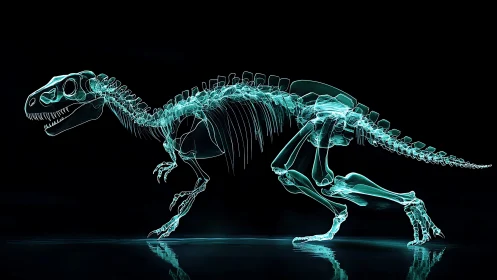 Ghost-lit T-rex skeleton sprints across a digital midnight