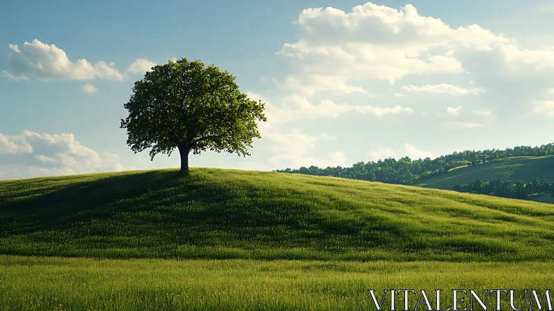 Lone tree crowns a sunlit hill under soft summer clouds.
