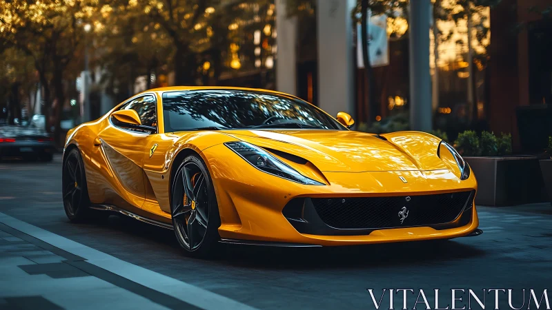 Yellow supercar glows under warm city evening light.