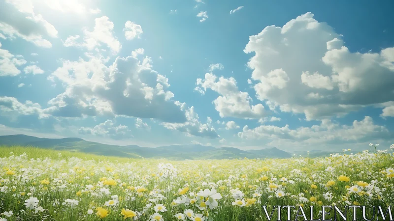 Gentle wildflower meadow under drifting summer clouds.