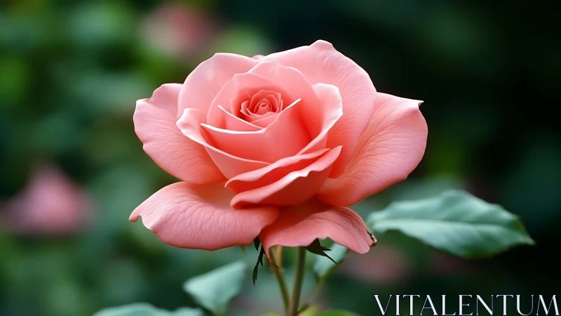 Coral pink rose bloom against green background.