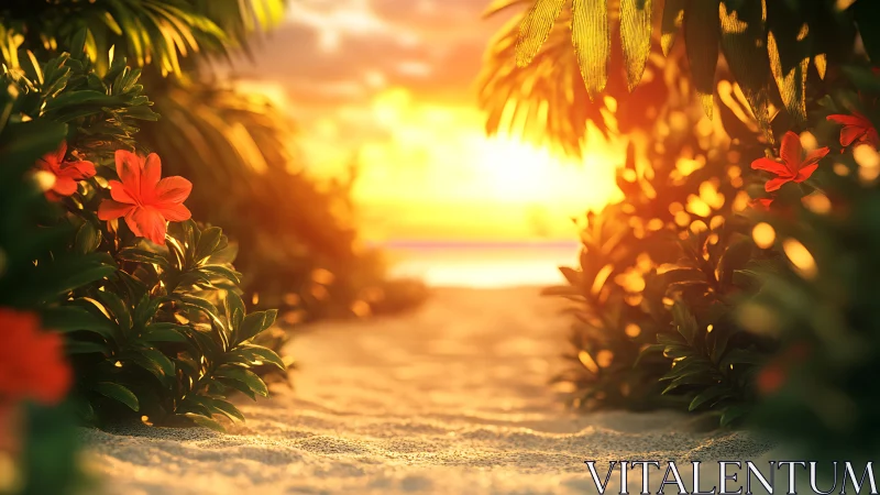Sunlit tropical path opening toward a golden beach sunset.