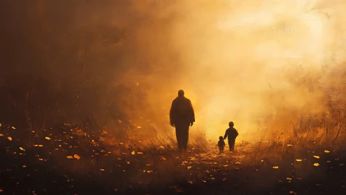 Silhouetted parent and children walking through golden haze.