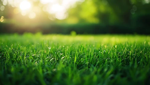 Vibrant green grass field in sunlight, soft focus nature photography.