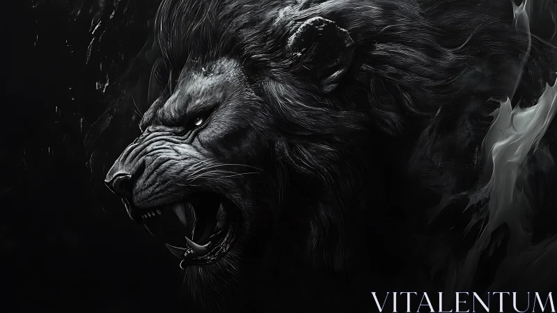 Snarling monochrome lion rendered with dramatic chiaroscuro lighting