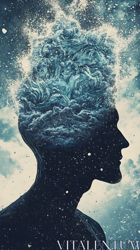 Silhouette profile merges with turbulent ocean vortices and spray