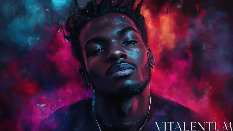 Confident portrait glowing in neon pink, blue, and firelight.