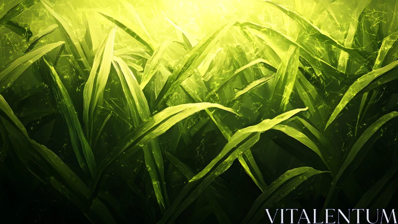 Luminescent grass blades under radiant abstract sunlight.