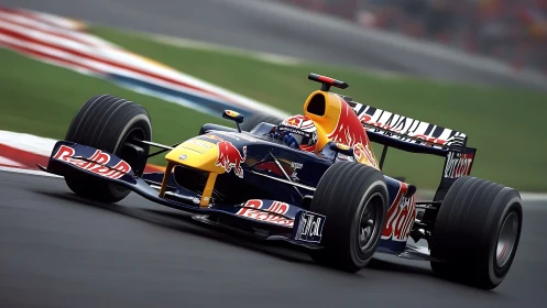 Red Bull Formula 1 car racing through fast circuit corner.