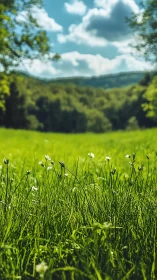 Close view of green meadow grass with distant forest hills.