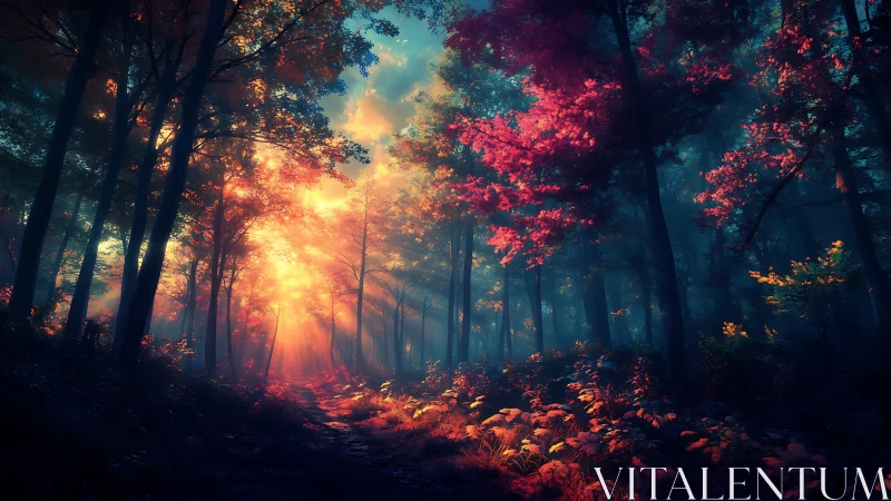 Mystical Forest Path Illuminated by Golden Sunset Light.