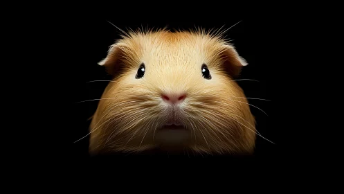 Close frontal view of tan guinea pig on black background.