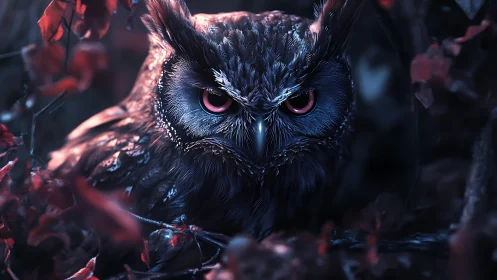 Midnight owl gazes calmly through soft red forest shadows