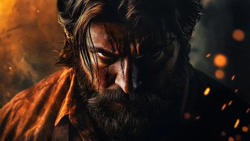 Intense bearded man glares through drifting embers and shadows