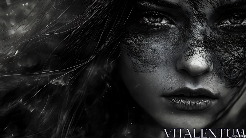 Monochrome close portrait with fractal soot mask and stray hair