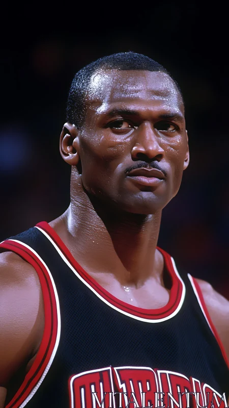 Focused basketball player stands in black and red jersey portrait.