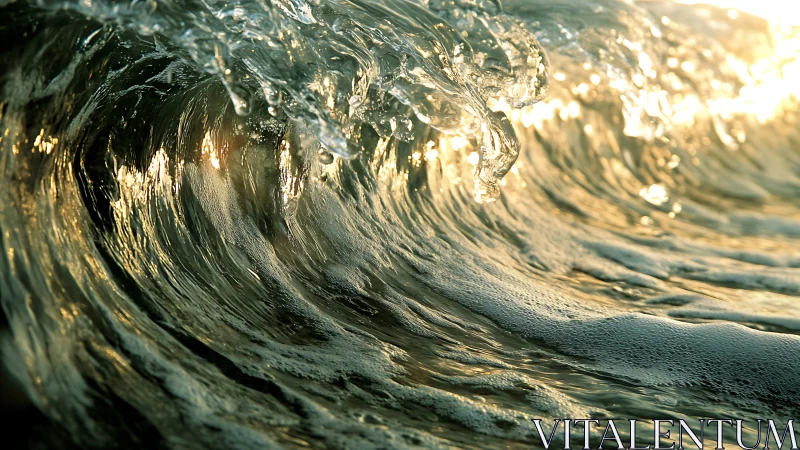 Breaking ocean wave with golden light reflections.