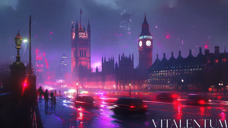 Neon-soaked Westminster skyline in futuristic night rain.