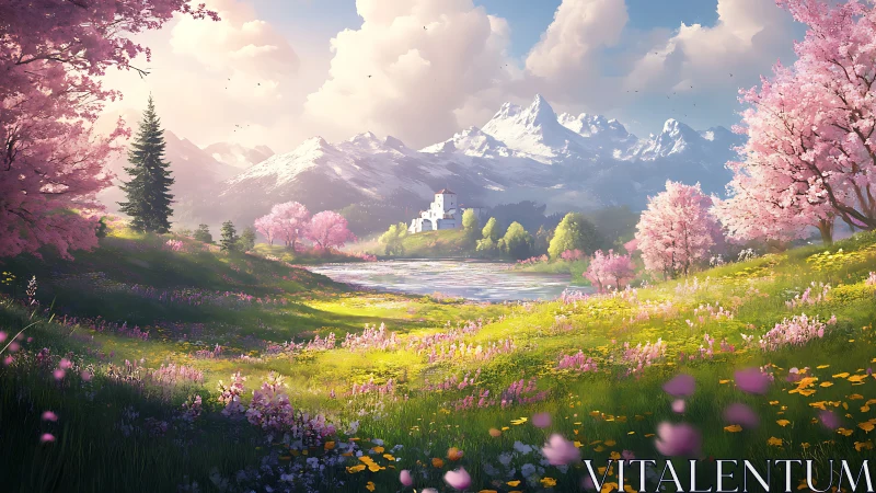 High dynamic range spring valley with alpine castle and bloom gradients