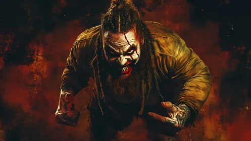 Aggressive clown figure crouches in low-key, high-contrast lighting