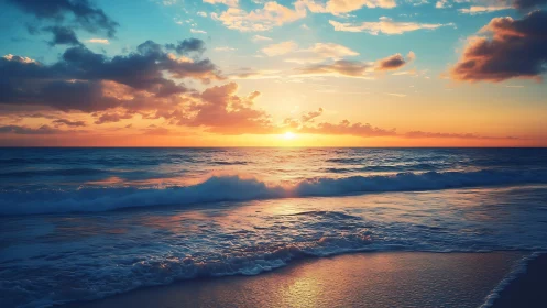 Golden sunset waves roll gently onto a tranquil shoreline
