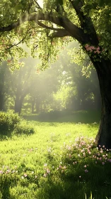Sunlit forest clearing shows grass, flowers, and tree canopy