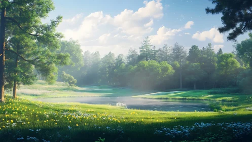 Morning light gently kisses a peaceful forest lakeside meadow