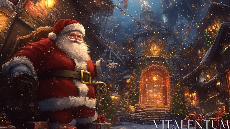 Santa welcomes visitors to a snowlit, glowing Christmas town
