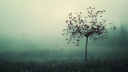 Solitary tree with red leaves in dreamy morning mist landscape.