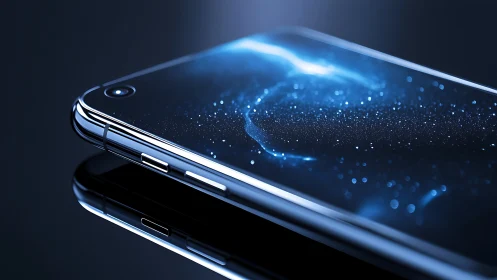 Sleek smartphone glows with a shimmering galaxy display