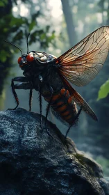 Macro cicada study with translucent wings on moss rock.