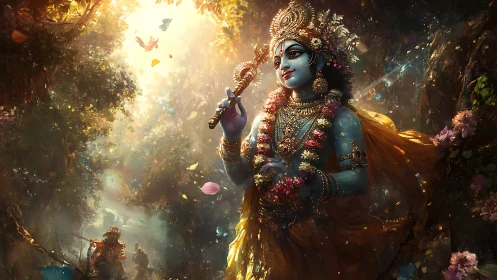 Ornate blue deity plays flute amid volumetric forest light shafts