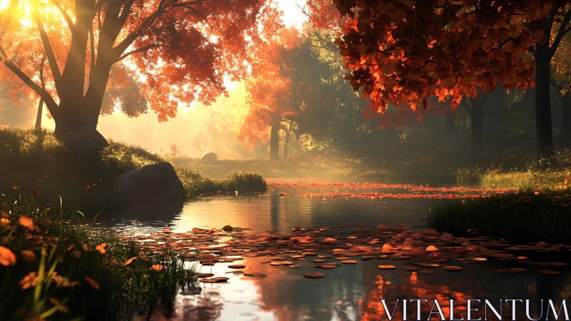 Autumn forest stream with foliage under warm backlighting.