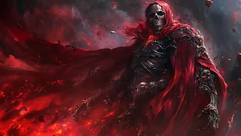 Skeletal figure in red cloak stands amid swirling red clouds