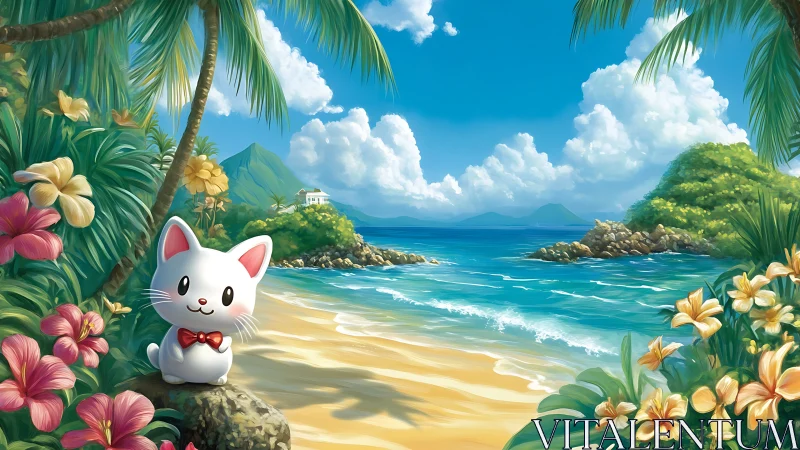 Kawaii Cat Greeting Tropical Beach Paradise