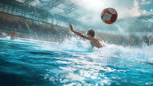 Water polo player extends toward ball in indoor arena pool