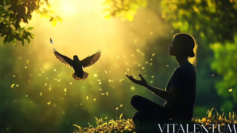 Sunlit meditation with a soaring bird and swirling fireflies.