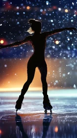 Silhouetted figure skater on illuminated ice surface at night.