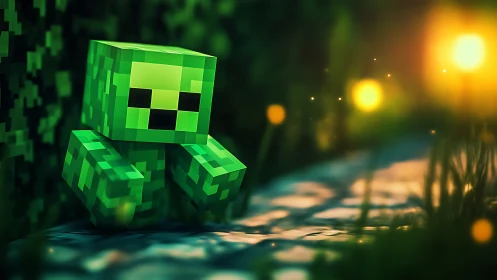 Blocky green creature sits by glowing path at night.